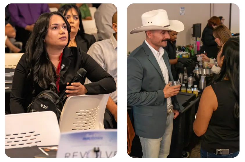 Asistente atenta en un taller de Marcos y Marcos conversando con empresarios en un evento